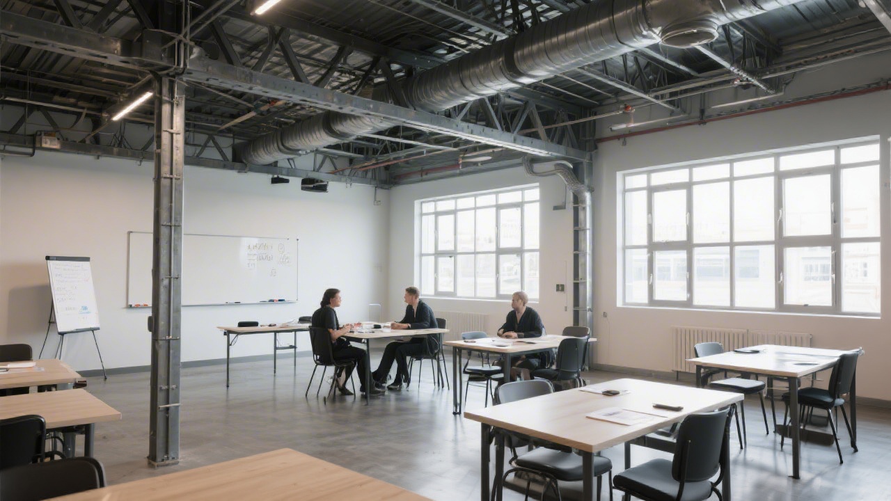 Spacious industrial-style classroom with metal beams, large windows, and tables for group collaboration, prepared for practical MVP training sessions.