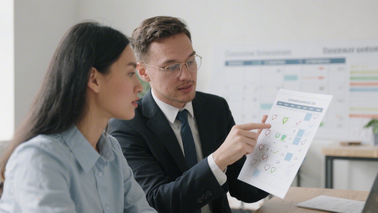 Business people discussing schedule with printed calendar and checklist, indicating structured planning for course sessions and workshops.
