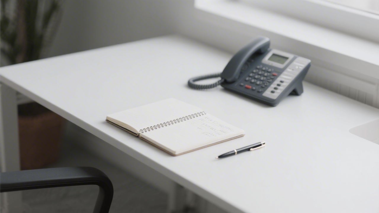Minimalist office desk with notebook, pen, and phone, representing professional contact point for business inquiries and course scheduling.
