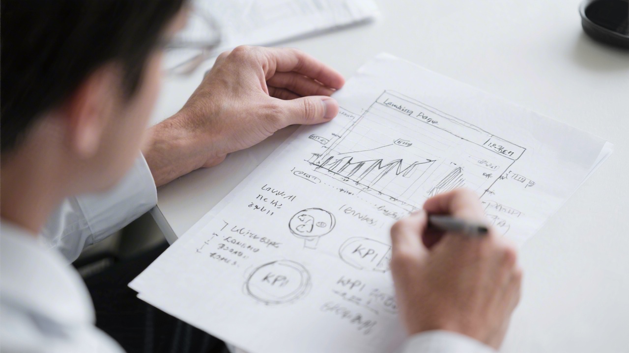 Professional hands sketching landing page wireframes with metrics and KPI notes, showing data-driven design and marketing planning on paper.